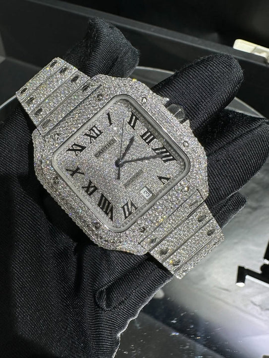 Moissanite Cartier Watch – Fully Iced Out White Gold Santos